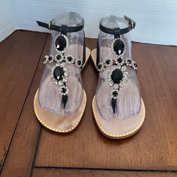 Lilly Pulitzer Women Black Embellished Jeweled Thong Sandals Flat Ankle Strap 6 - Picture 2 of 7